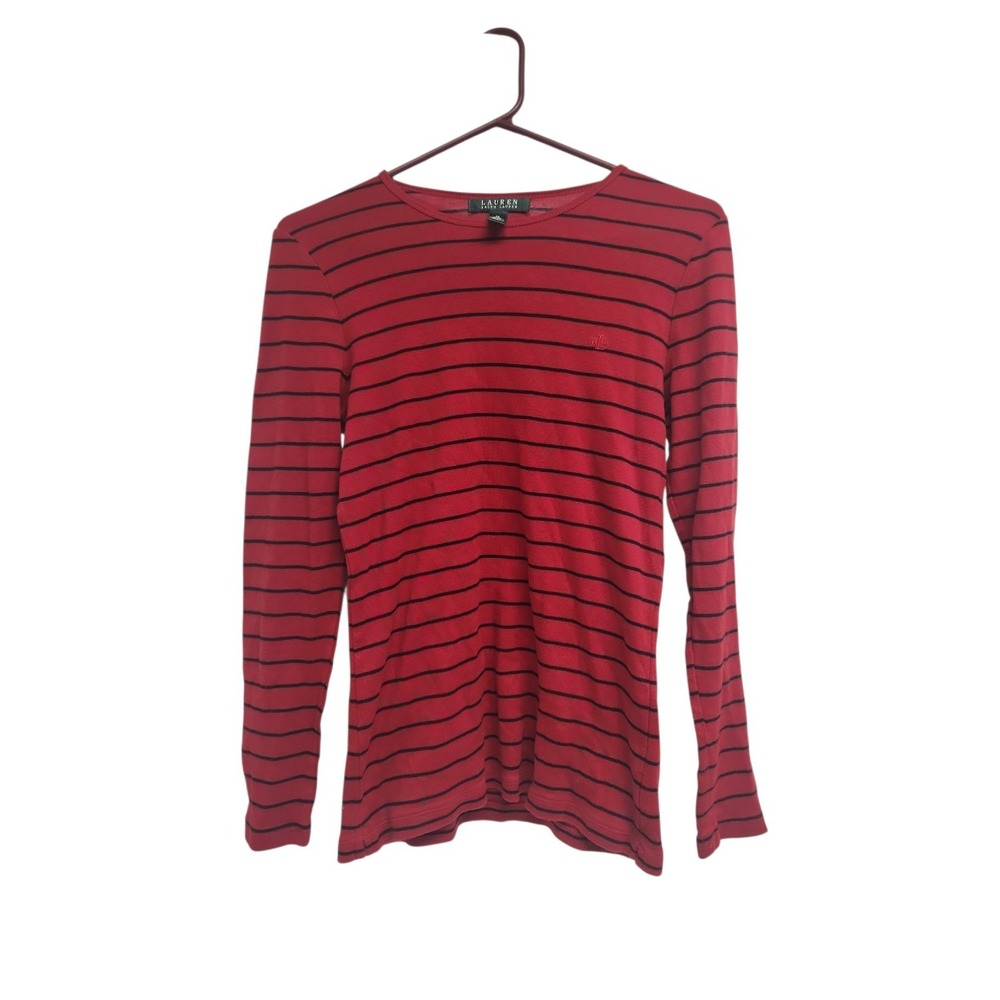 Ralph Lauren Top Womens Medium Red Boat Neck Stripes Office Blouse Long Sleeve‎